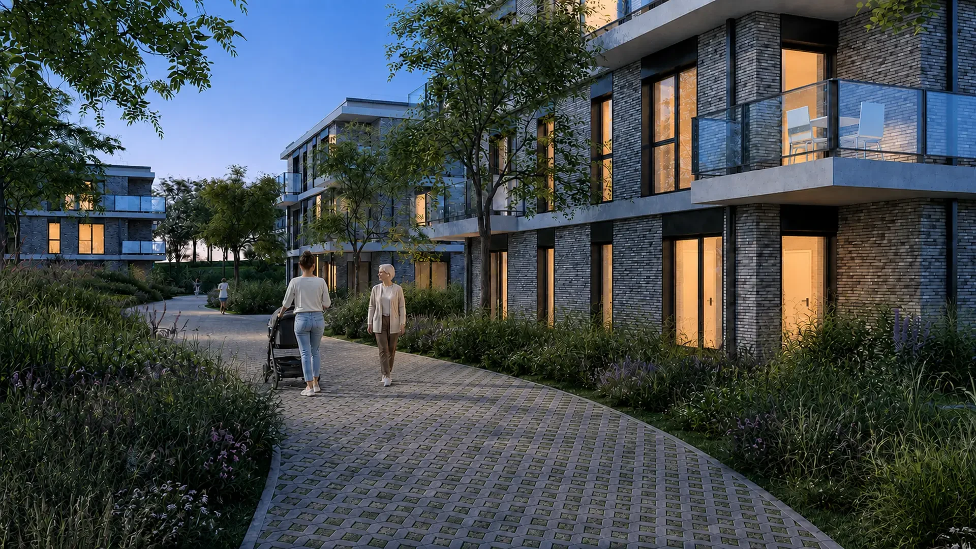 Projection des appartements et de leurs terrasses au crépuscule