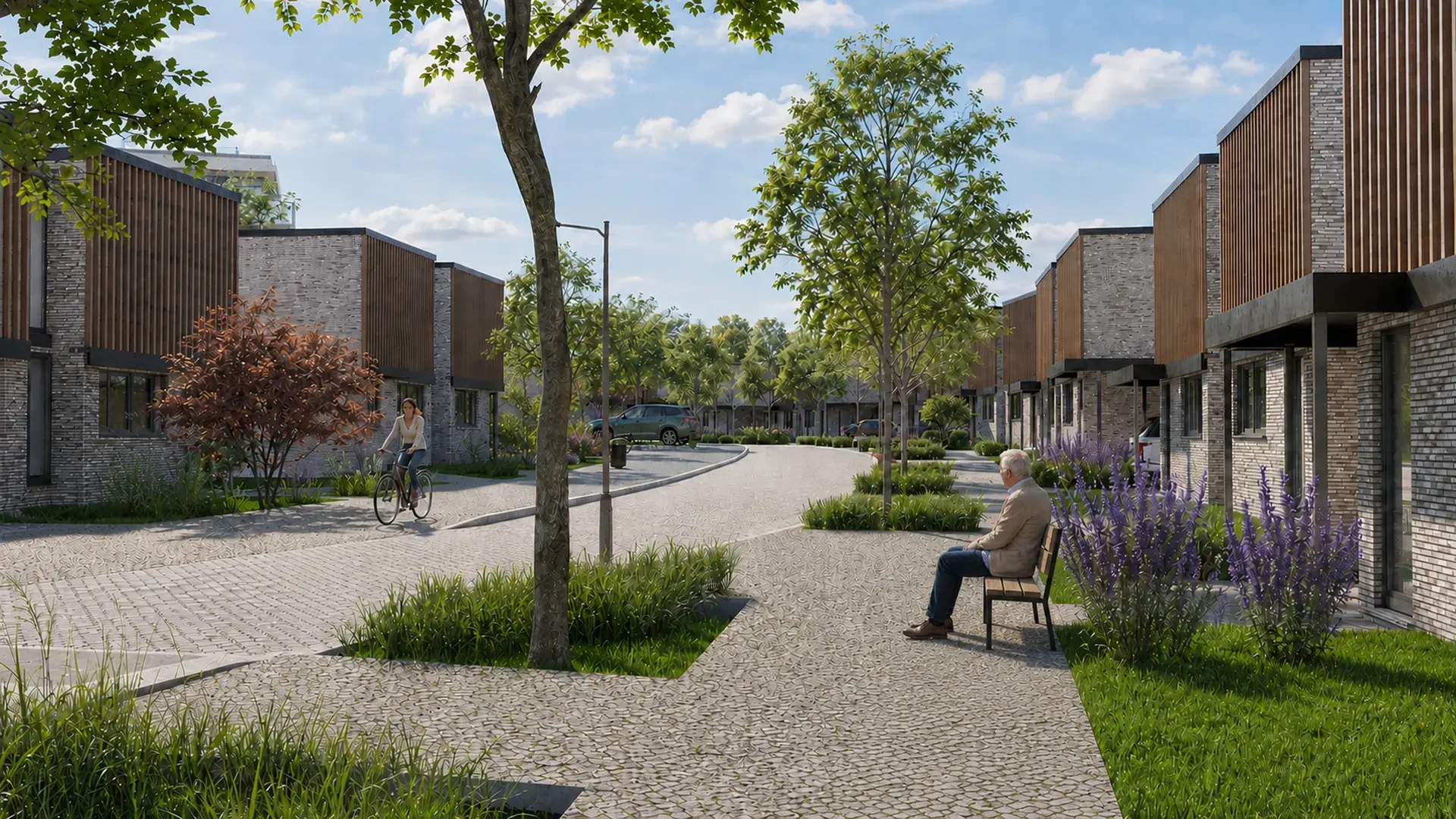 Projection d’une promenade et d’un banc entre les maisons