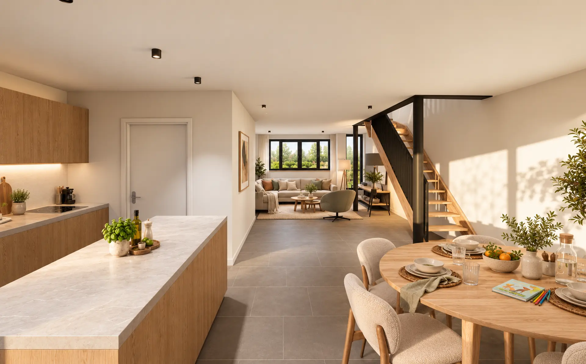 Vue 3D intérieure d’une maison Montelys : cuisine ouverte sur le séjour