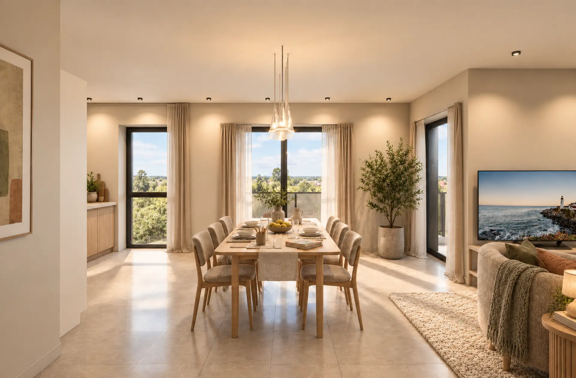 Vue 3D d’un séjour d’appartement lumineux