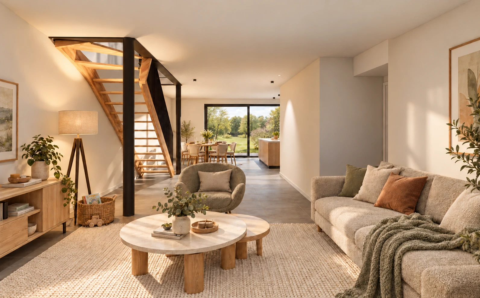 Vue 3D du séjour d’une maison ouvert vers le jardin