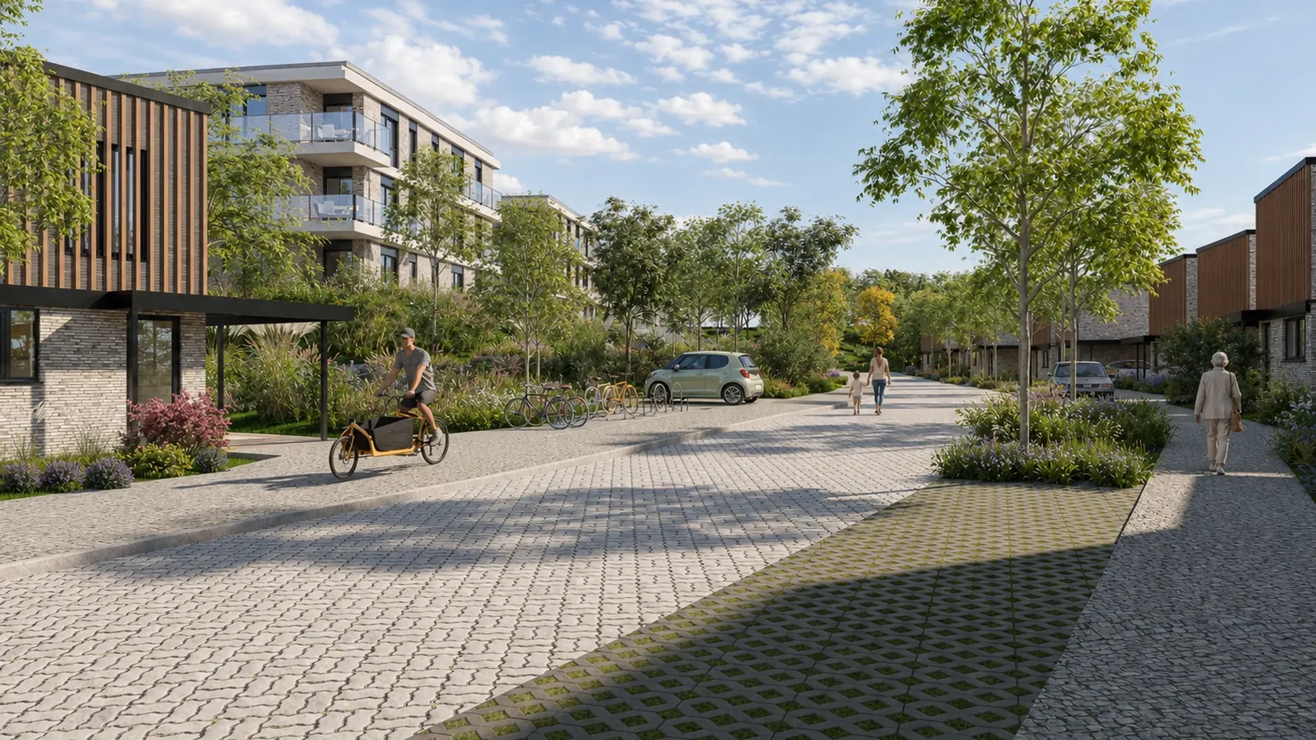 Projection du quartier Montelys : maisons, appartements et rue arborée